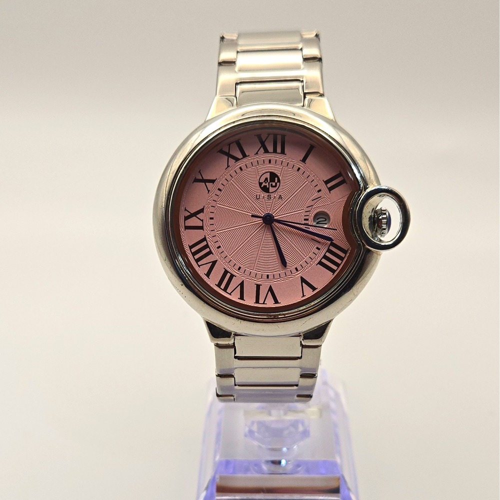A.J. USA Quartz 42mm Silvertone Watch, Pink Guilloche Dial, Roman Numerals, Date